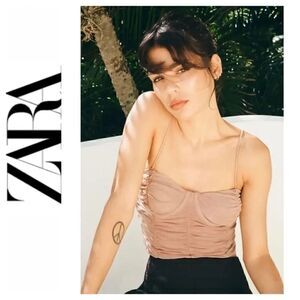 NWT Zara Tulle Mesh Corset Style Top in Beige-Pink, Size Medium
